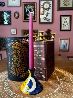 Ceramic Moon & Star Candle Holder with Fuchsia Taper Candle